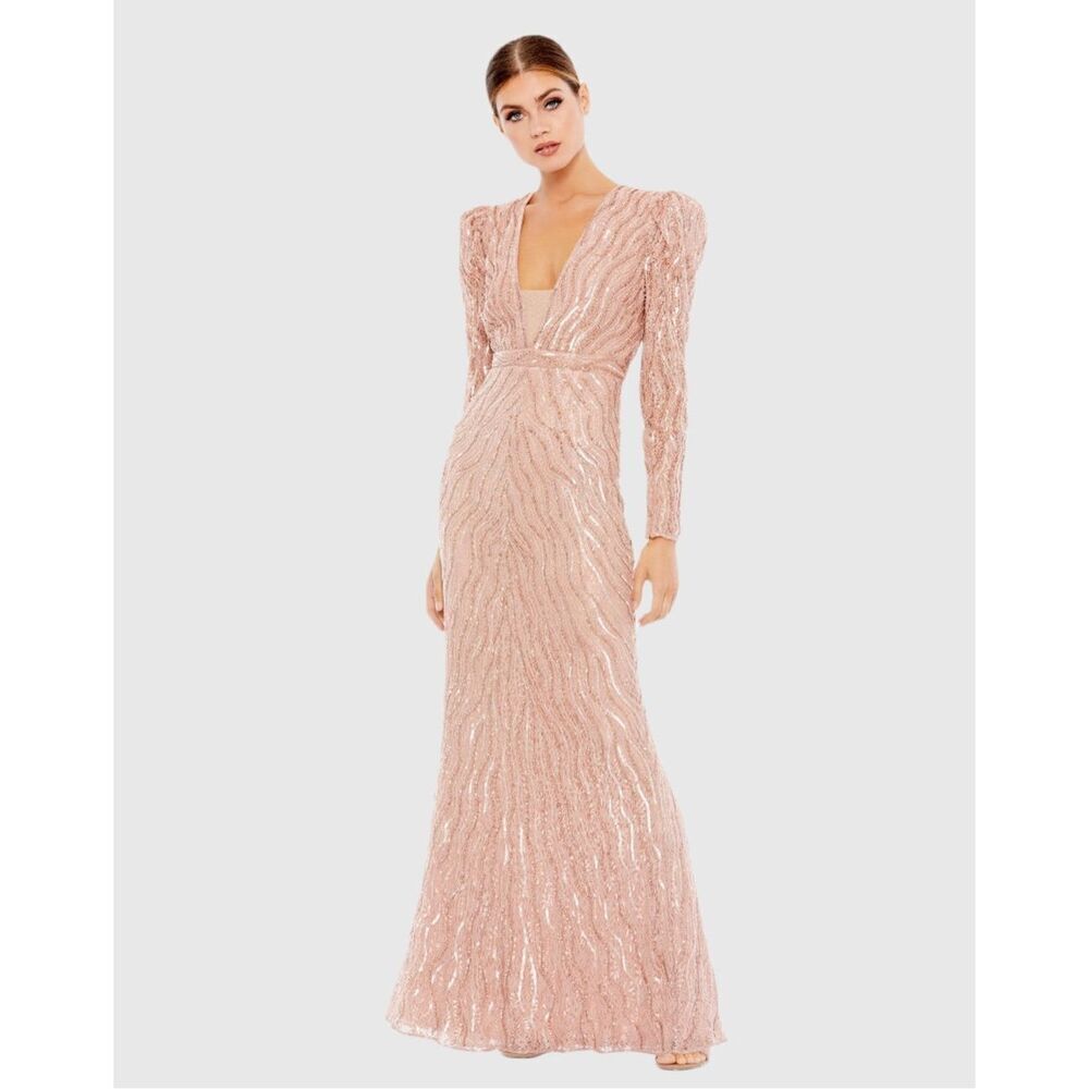 NWT MAC DUGGAL Beaded Puff Sleeve Trumpet Evening Gown Size US 4 $598